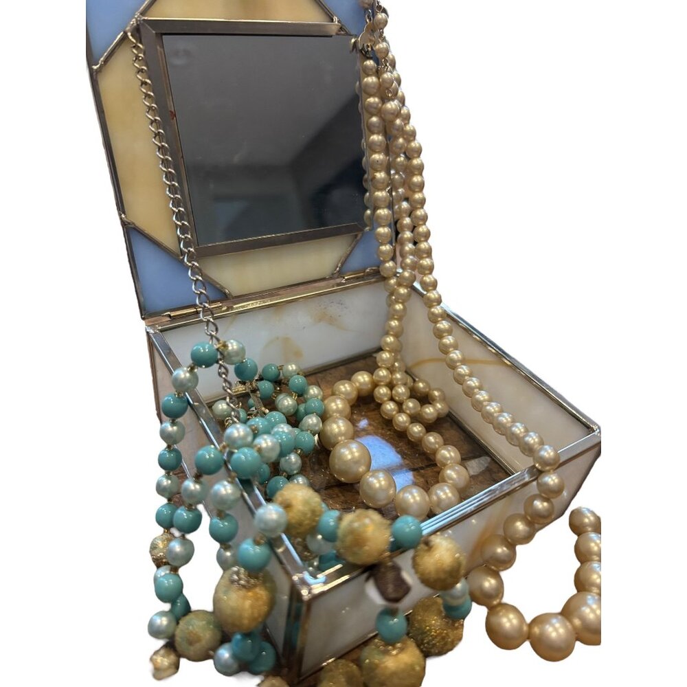 Elegant Glass & Metal Jewelry Box With signed Japan Beaded Necklace set of two p